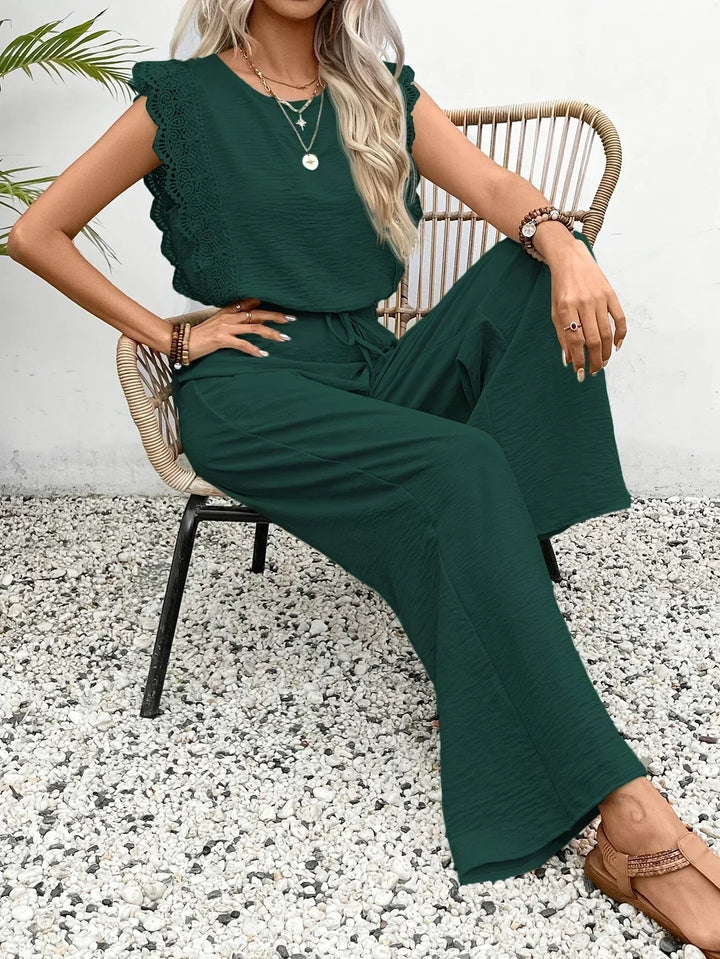 Zella |  Elegant Two-Piece Set | Lace-Trimmed Top and Wide-Leg Trousers