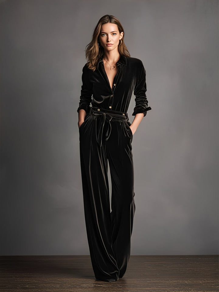 Ladies Black Velvet Lace Elegant Gold Button Jumpsuit