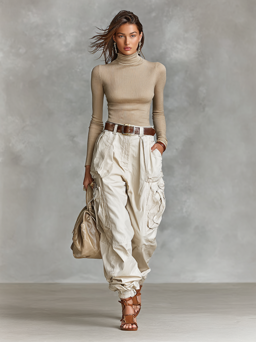 Women's Fitted High Neck Long Sleeve T-Shirt Multi-Pocket Cargo Pants Two-Piece Set (Without Belt)