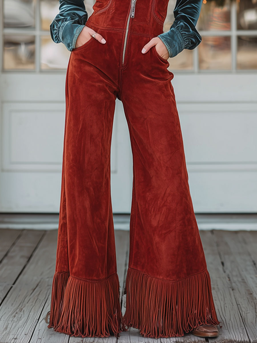 Western retro V-neck zipper red faux suede wide leg overall with tassels