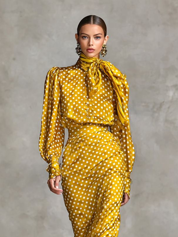Ladies Vintage Satin Polka Dot Print Blouse and Skirt Two-Piece Set (Scarf Not Included)