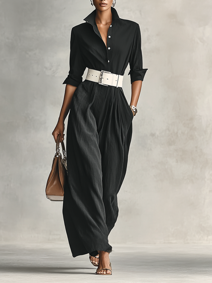 Ladies' Reversible Collar Ankle Button Jumpsuit with Long Sleeves and Belt