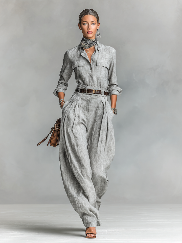 Cotton-linen mix long sleeve shirt and pants two-piece set (belt not included)