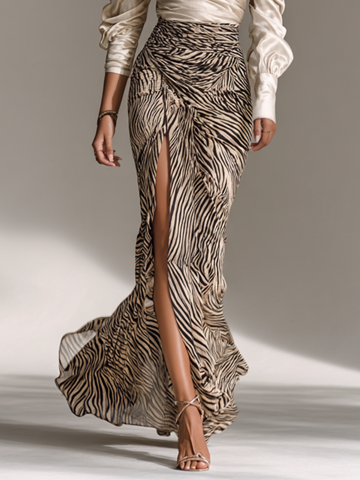Women's Satin Off-Shoulder Top with Long Sleeves and Zebra Print Hip Wrap Skirt with Split Two-Piece Set