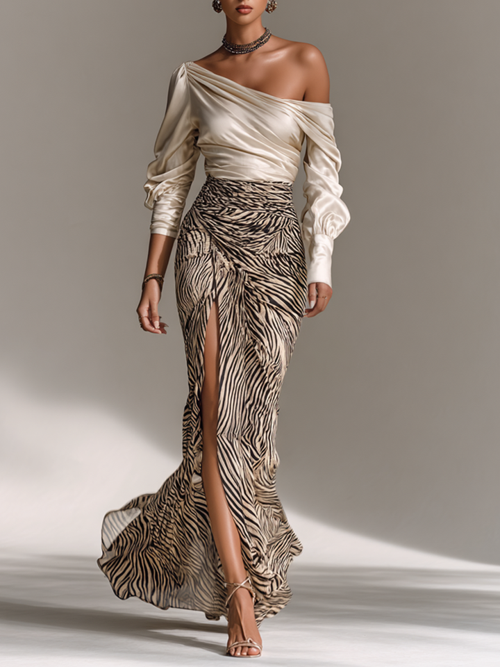 Women's Satin Off-Shoulder Top with Long Sleeves and Zebra Print Hip Wrap Skirt with Split Two-Piece Set