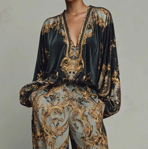 Retro Baroque Print Deep V-Neck Loose Fit Set