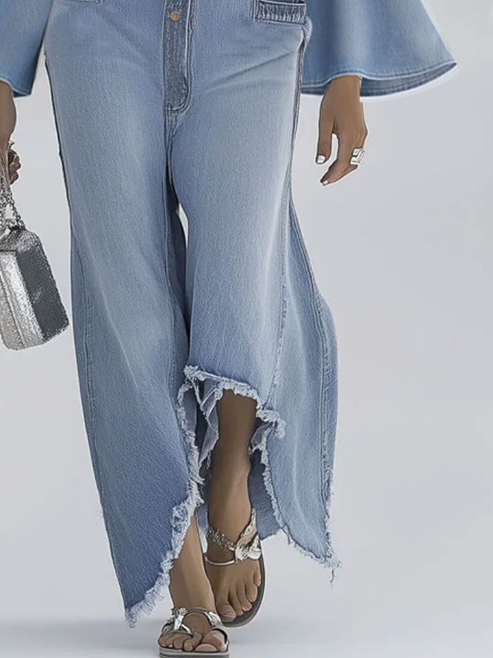 Casual retro light blue denim wide-leg jumpsuit with long sleeves and raw edges