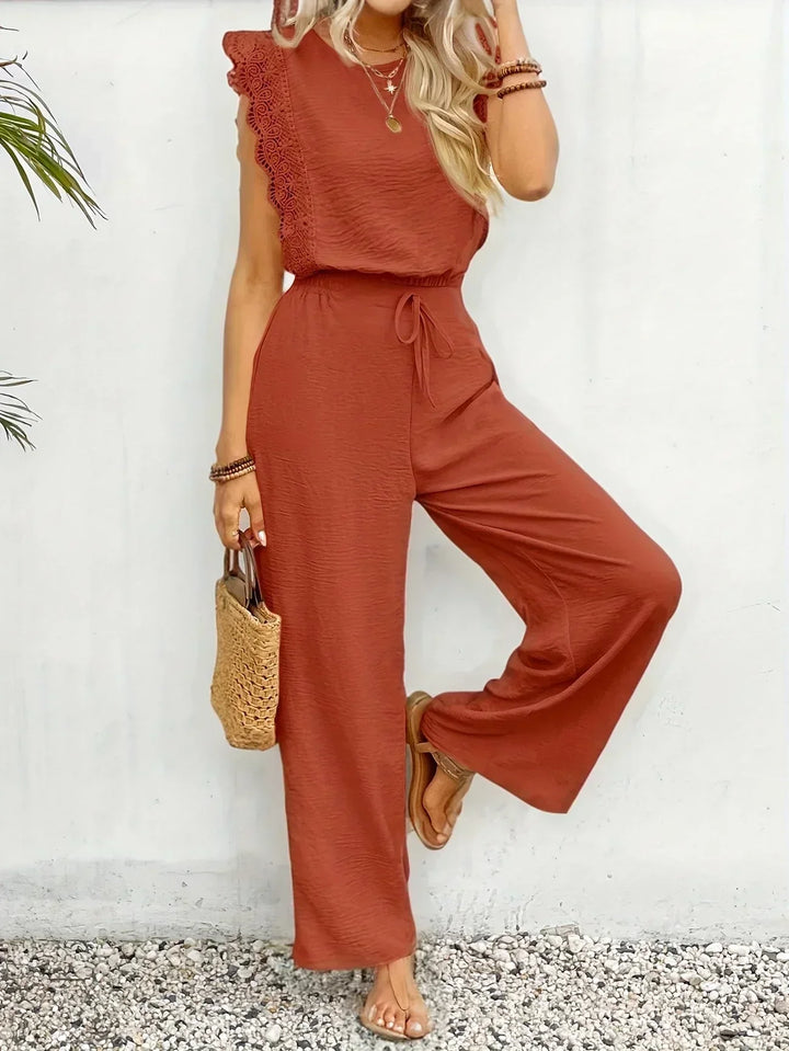Zella |  Elegant Two-Piece Set | Lace-Trimmed Top and Wide-Leg Trousers