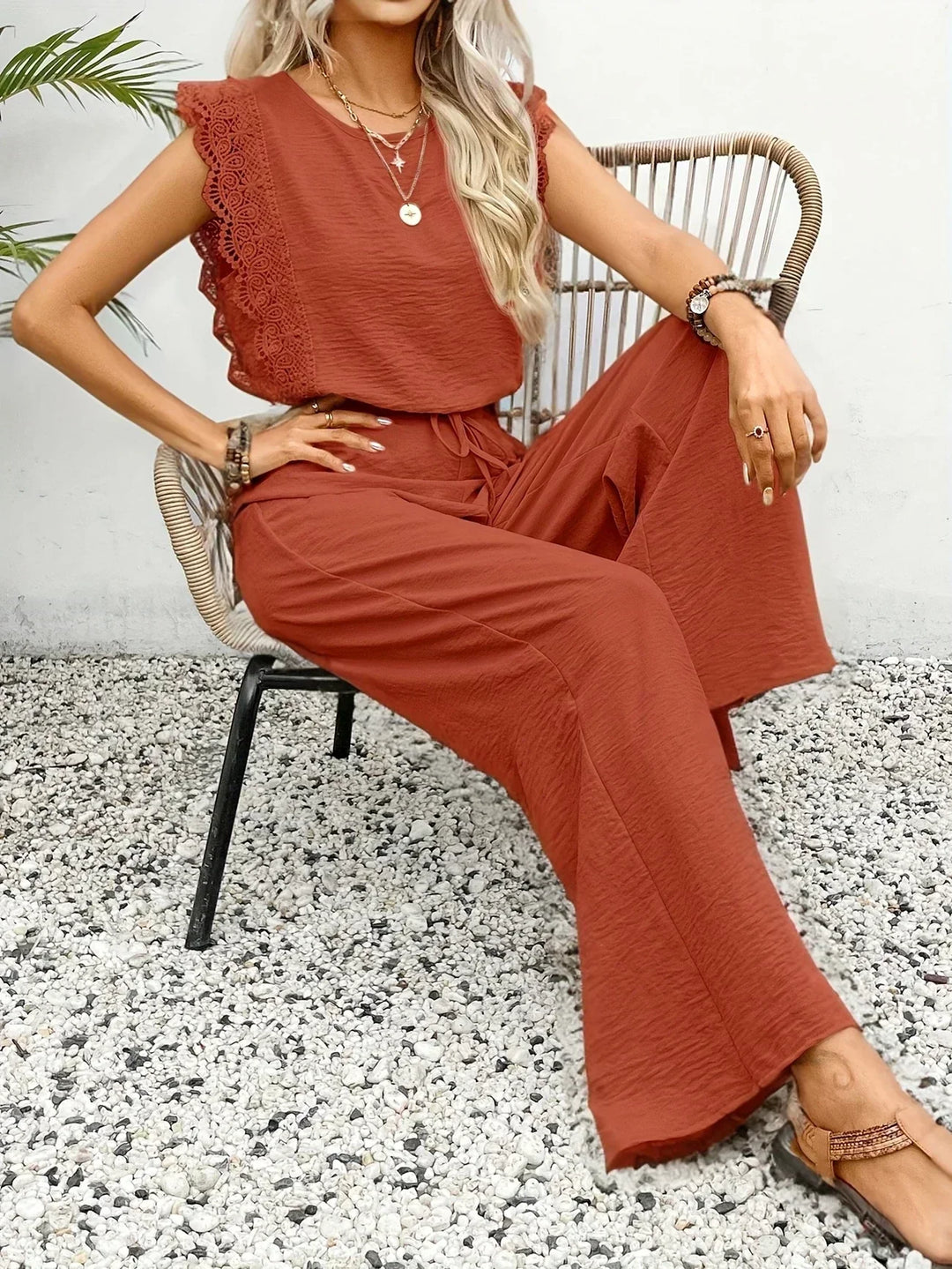 Zella |  Elegant Two-Piece Set | Lace-Trimmed Top and Wide-Leg Trousers