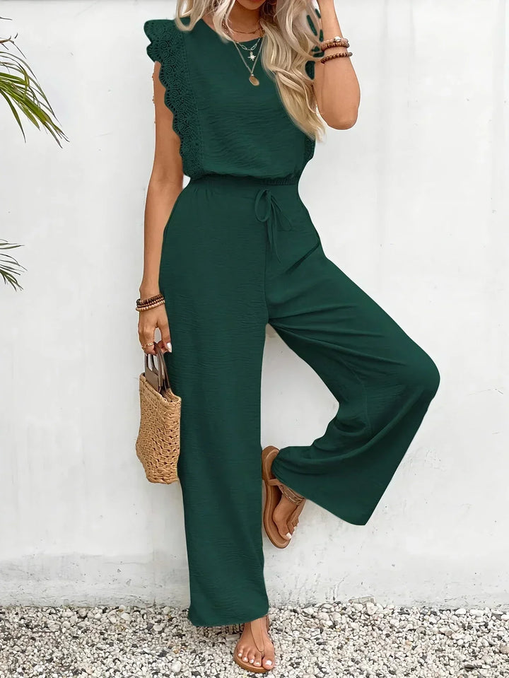 Zella |  Elegant Two-Piece Set | Lace-Trimmed Top and Wide-Leg Trousers