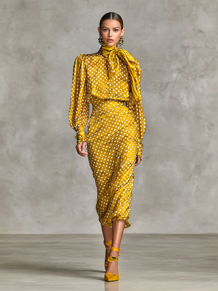 Ladies Vintage Satin Polka Dot Print Blouse and Skirt Two-Piece Set (Scarf Not Included)