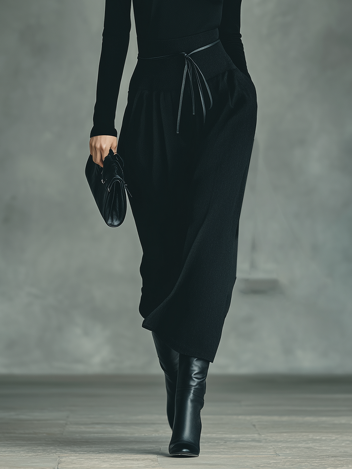 Women's Black High-Stretch Knitted Top and Skirt Set with Cotton Blend