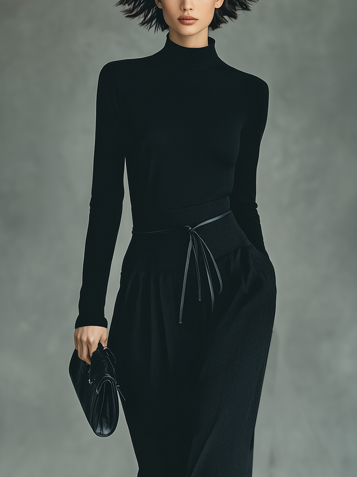 Women's Black High-Stretch Knitted Top and Skirt Set with Cotton Blend