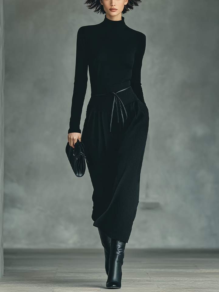 Women's Black High-Stretch Knitted Top and Skirt Set with Cotton Blend