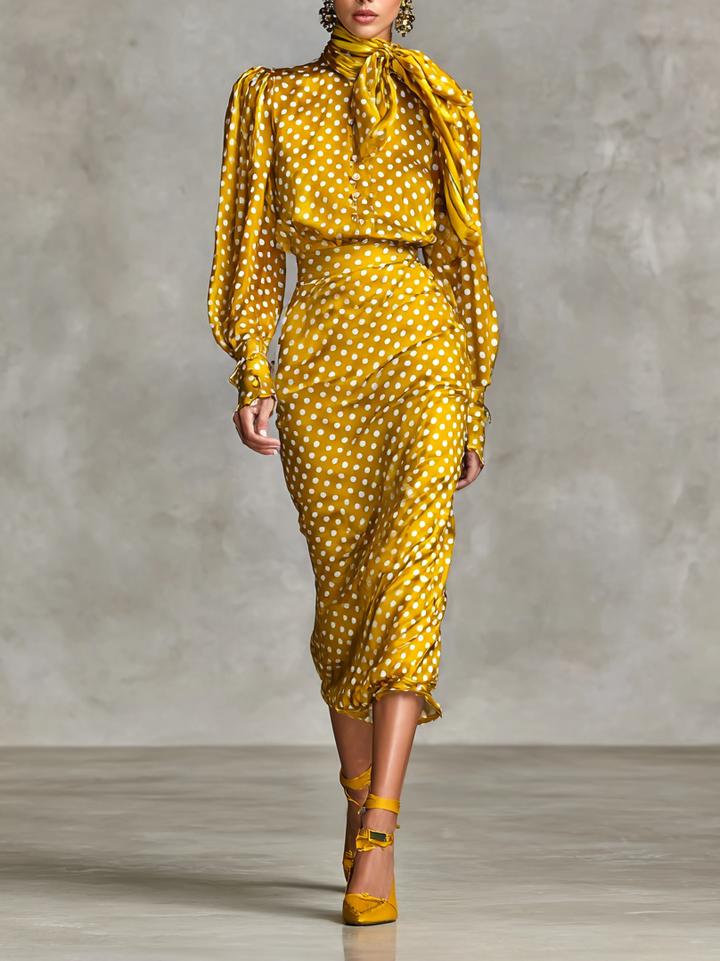 Ladies Vintage Satin Polka Dot Print Blouse and Skirt Two-Piece Set (Scarf Not Included)