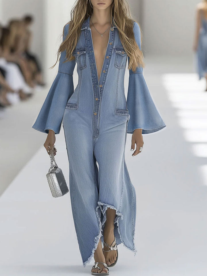 Casual retro light blue denim wide-leg jumpsuit with long sleeves and raw edges
