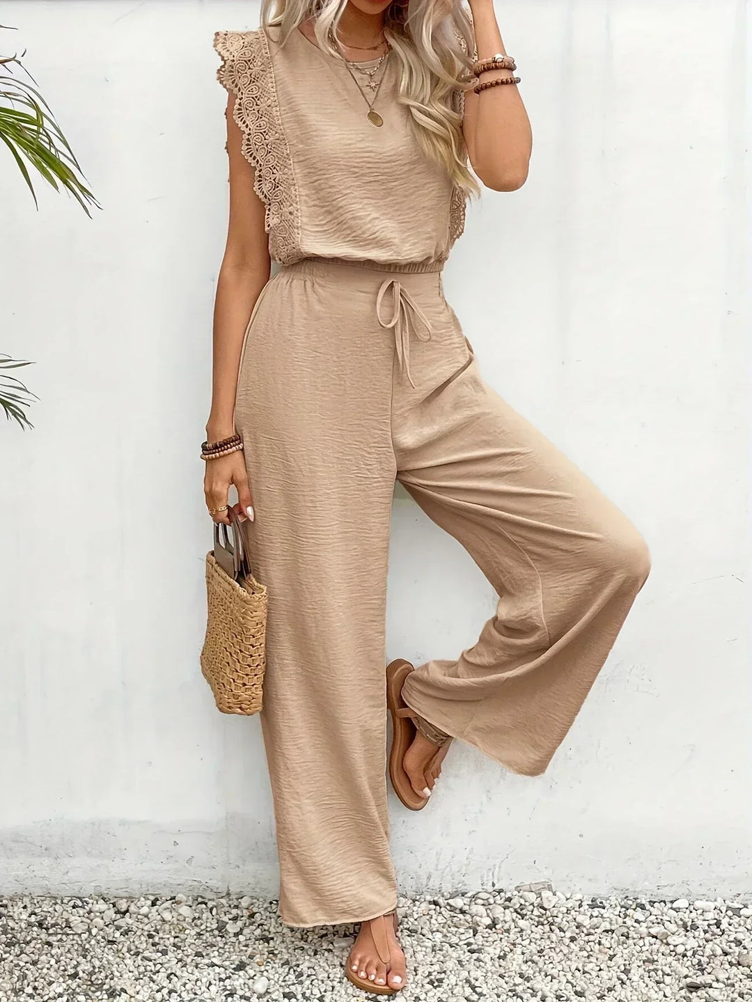 Zella |  Elegant Two-Piece Set | Lace-Trimmed Top and Wide-Leg Trousers