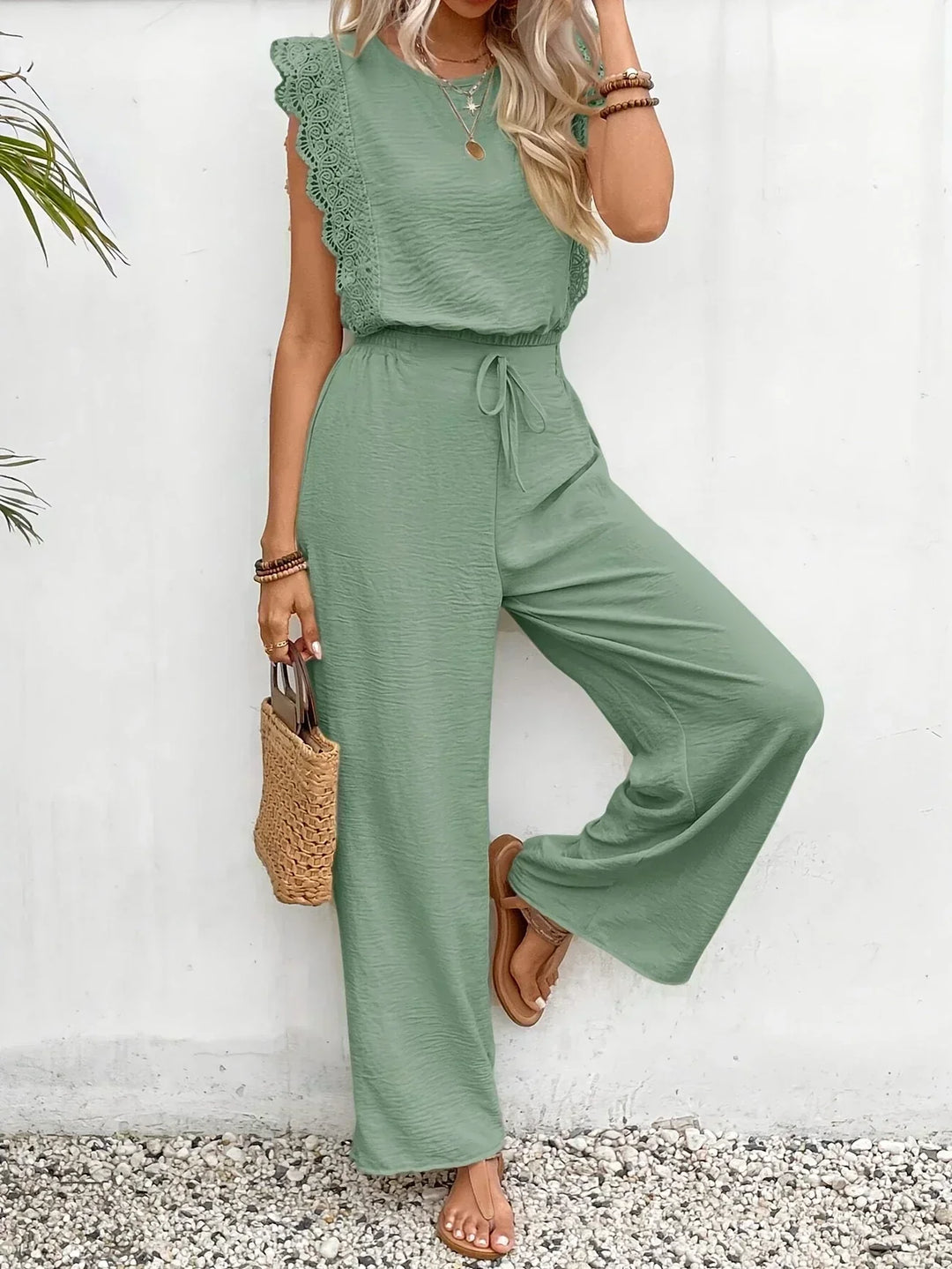 Zella |  Elegant Two-Piece Set | Lace-Trimmed Top and Wide-Leg Trousers