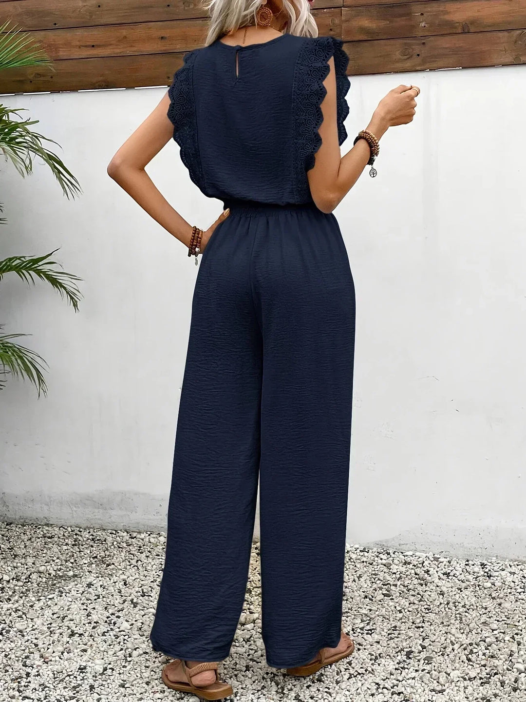 Zella |  Elegant Two-Piece Set | Lace-Trimmed Top and Wide-Leg Trousers