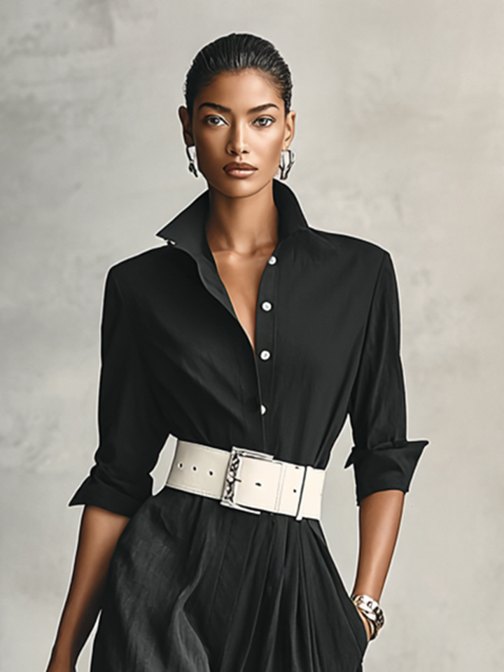 Ladies' Reversible Collar Ankle Button Jumpsuit with Long Sleeves and Belt