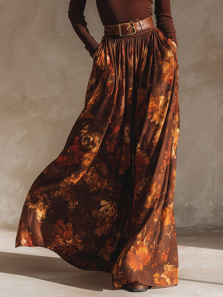 Retro Turtleneck Knitted Top & Printed Long Skirt Set with Belt