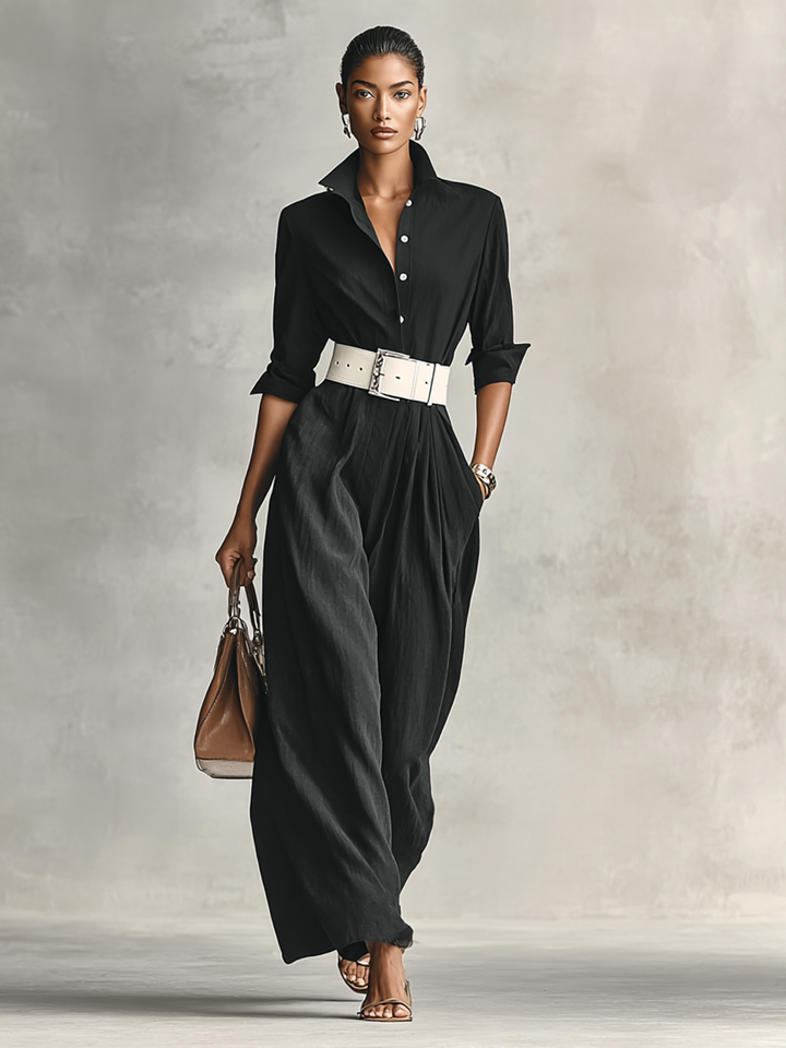 Ladies' Reversible Collar Ankle Button Jumpsuit with Long Sleeves and Belt