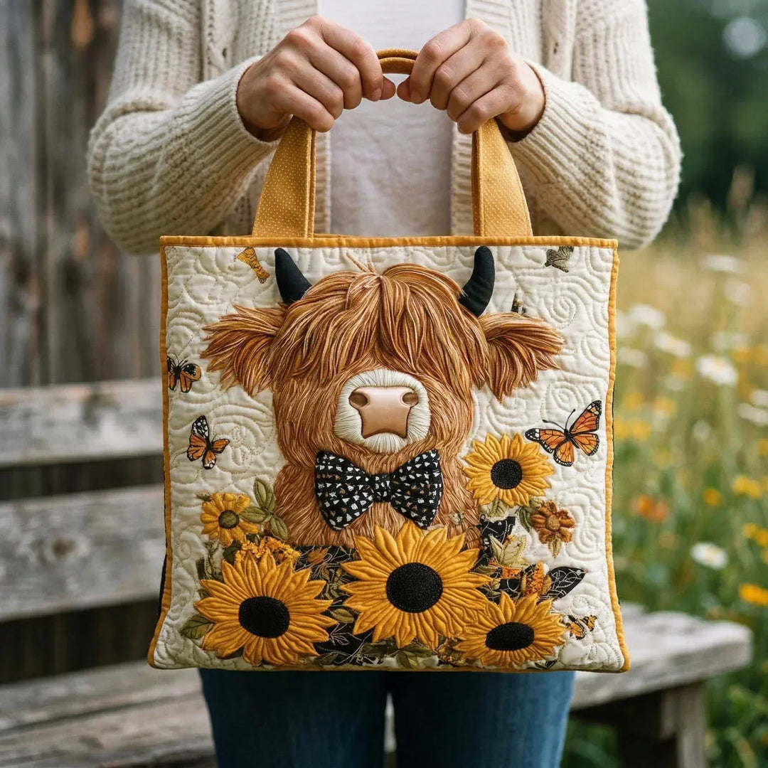Highland Cow Quilted Bag Adorned with Sunflowers