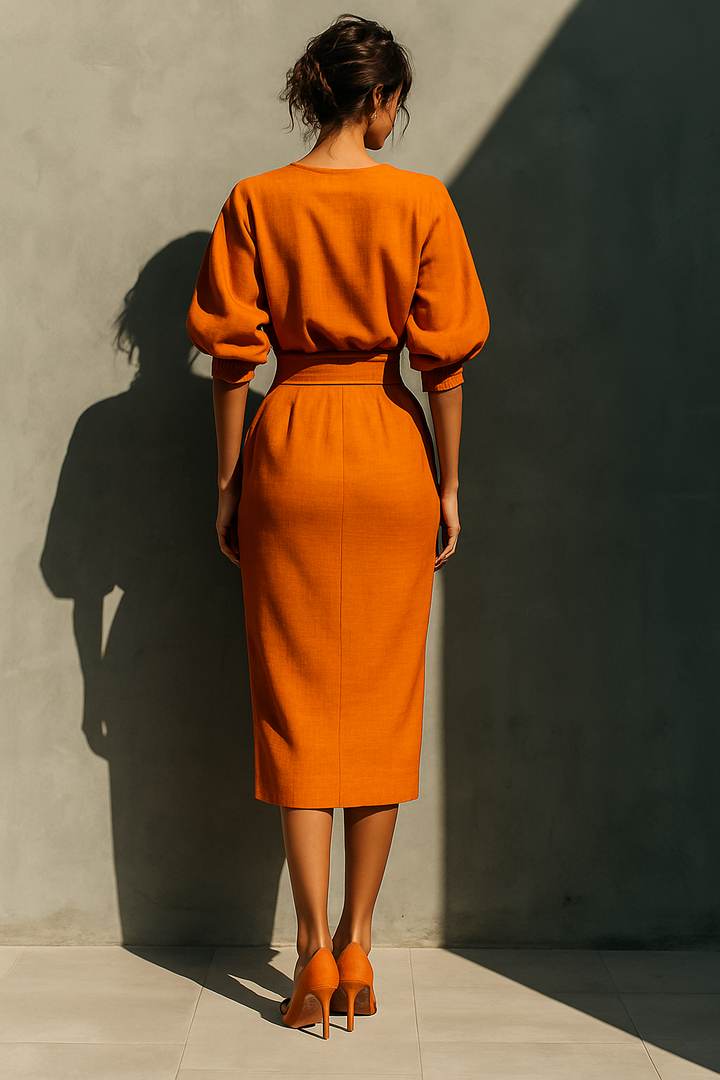 Women’s orange top with elbow-length sleeves and midi skirt set