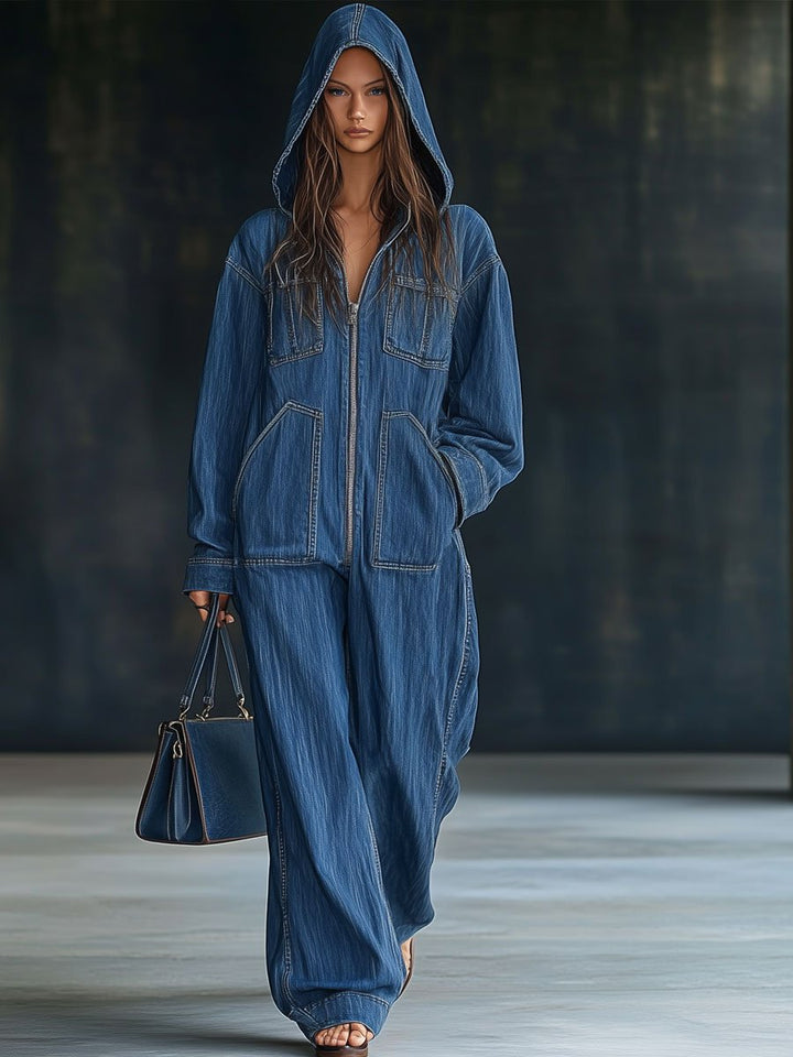 Casual Loose Retro Pocket Long Sleeve Hooded Zip Denim Jumpsuit