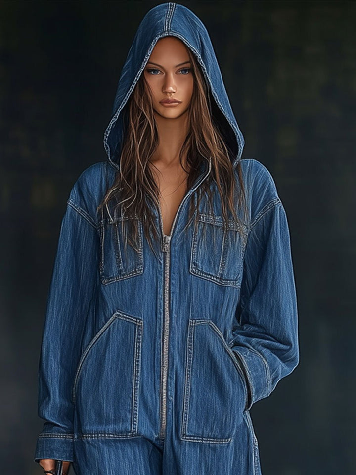 Casual Loose Retro Pocket Long Sleeve Hooded Zip Denim Jumpsuit