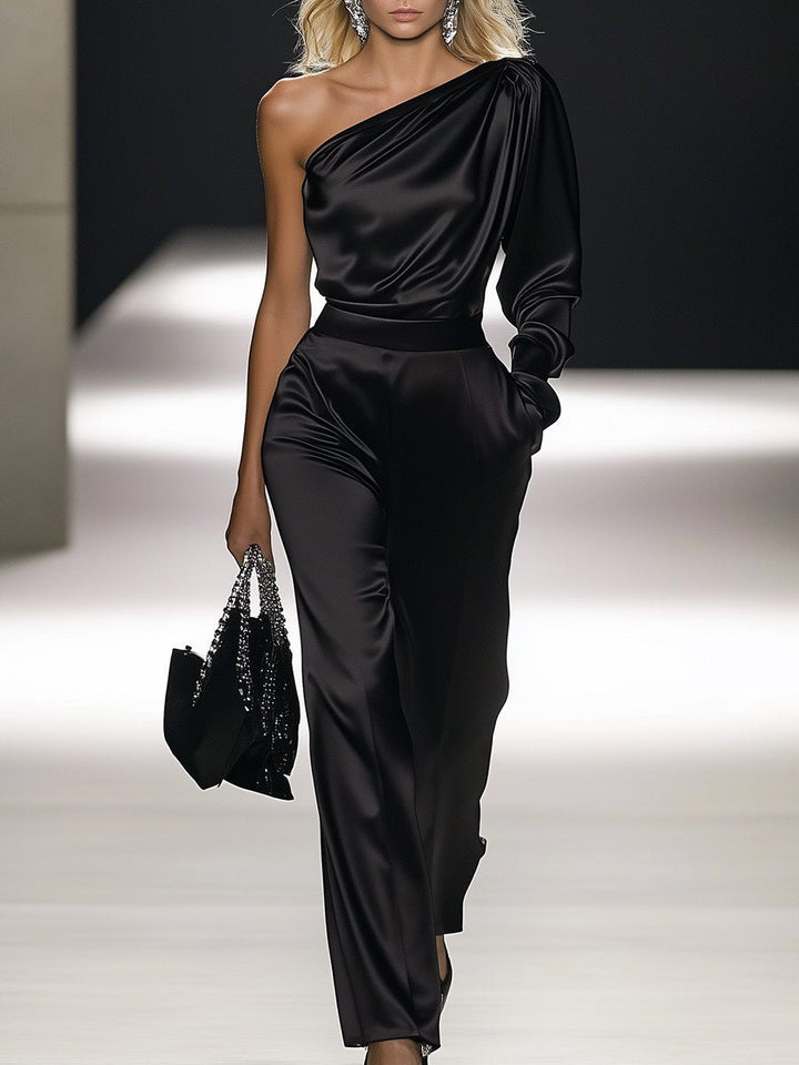 Elegant Satin Jumpsuit with Long Sleeves and Off-Shoulder Design
