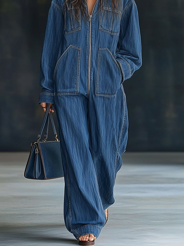 Casual Loose Retro Pocket Long Sleeve Hooded Zip Denim Jumpsuit
