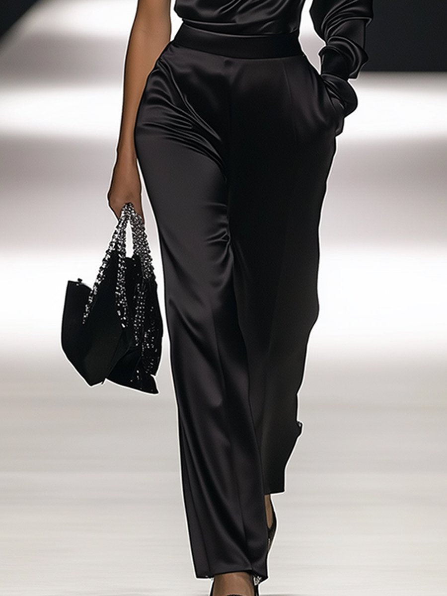 Elegant Satin Jumpsuit with Long Sleeves and Off-Shoulder Design