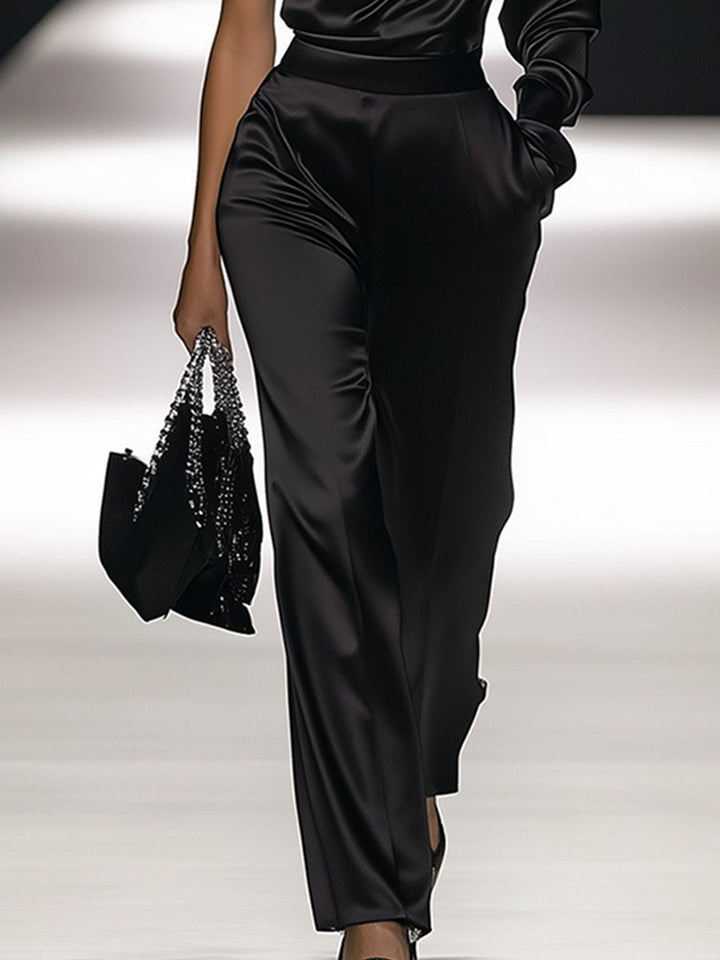 Elegant Satin Jumpsuit with Long Sleeves and Off-Shoulder Design