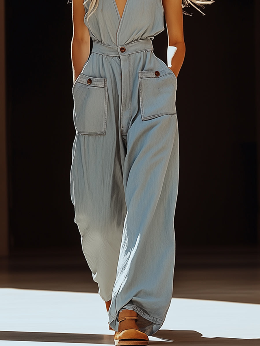 Casual retro gray-blue Tencel denim overalls with pockets