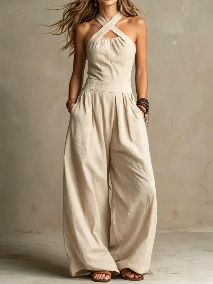 Fiorenzae -Jumpsuit with crossover collar and elegant wide legs