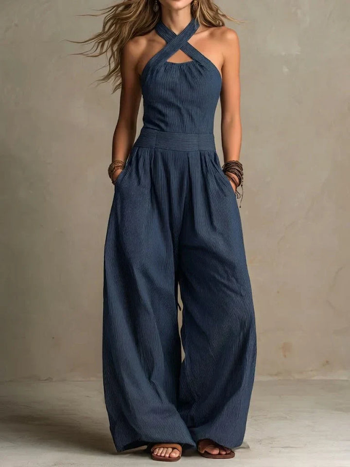 Fiorenzae -Jumpsuit with crossover collar and elegant wide legs