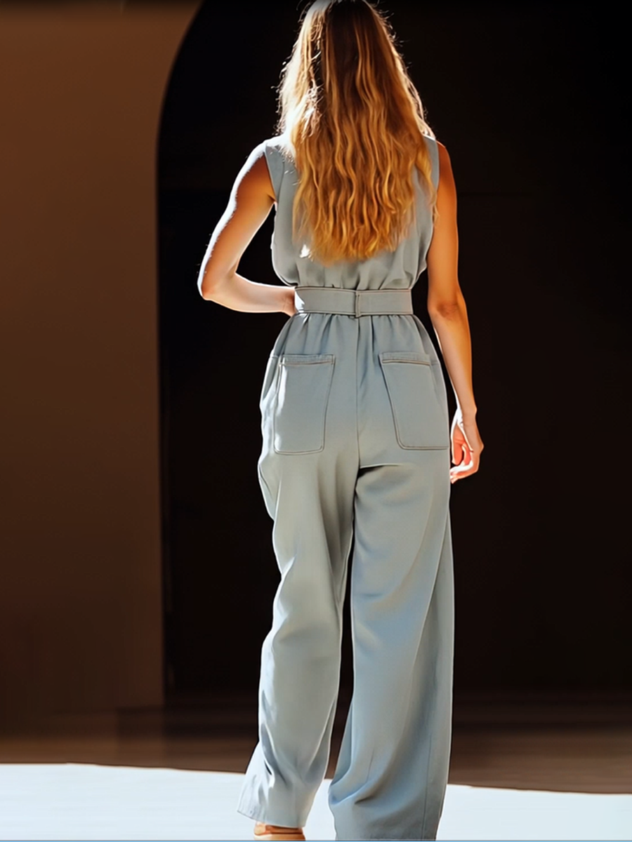 Casual retro gray-blue Tencel denim overalls with pockets