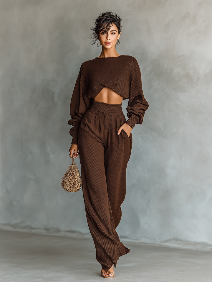 Ladies Coffee Colored Short Top and Wide Pants Knitted Set